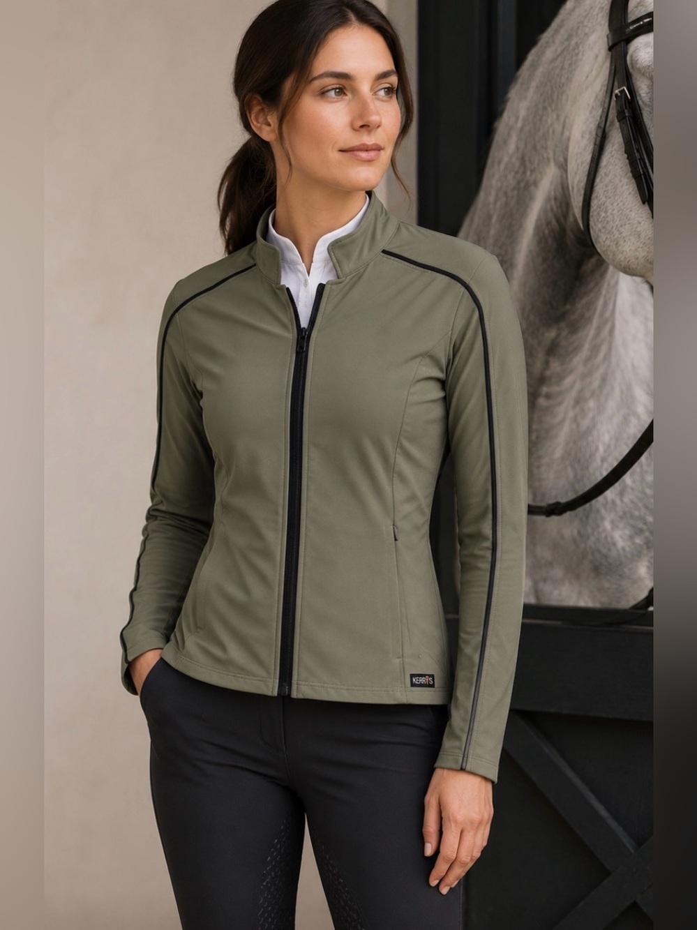 KERRITS Women Full Zip Horse Equestrian Green Competitor Jacket Pockets M NWT